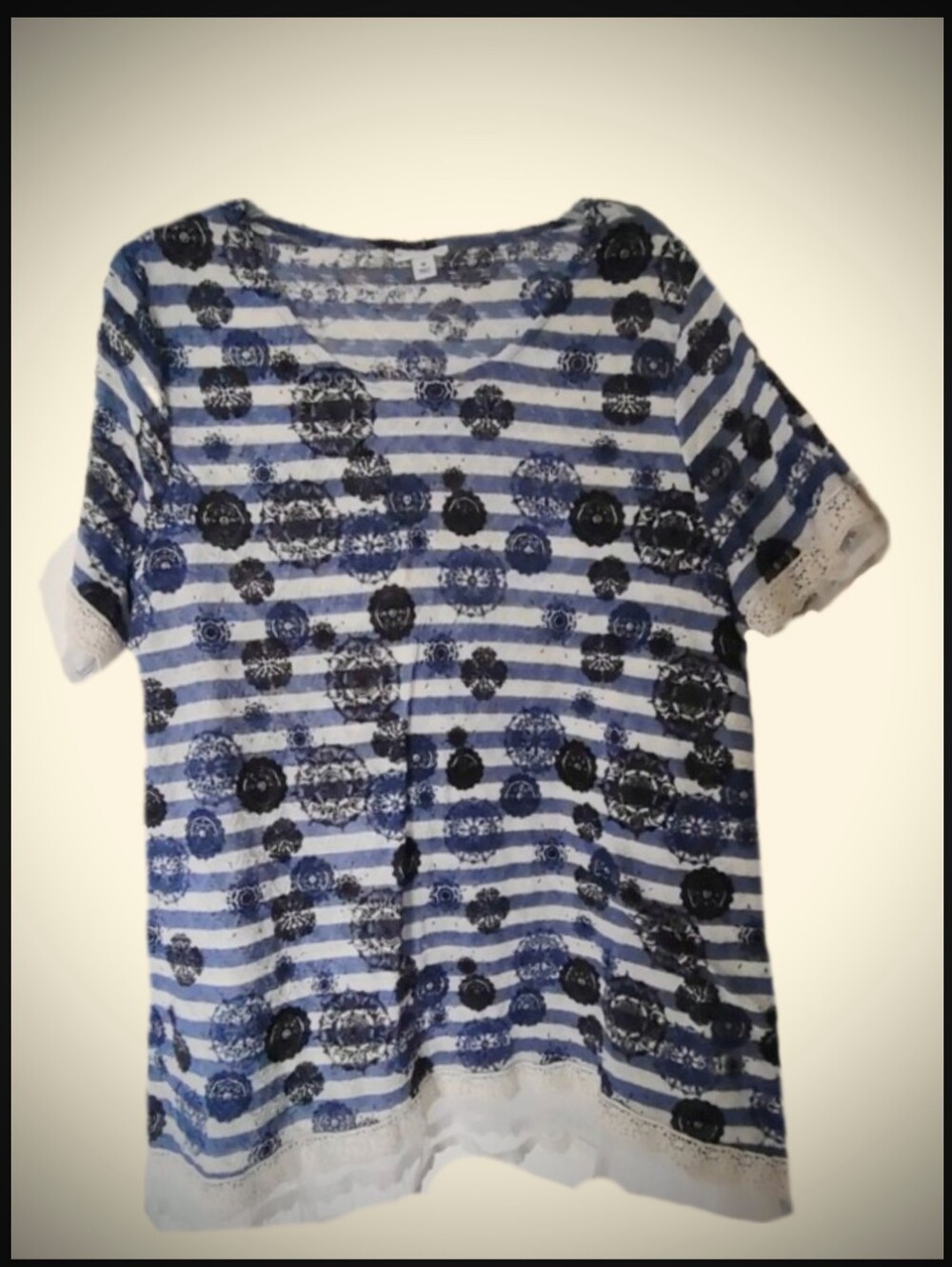Blue & White Striped Lace Trim Embellished Tunic Top Plus Size 1X - Picture 8 of 13